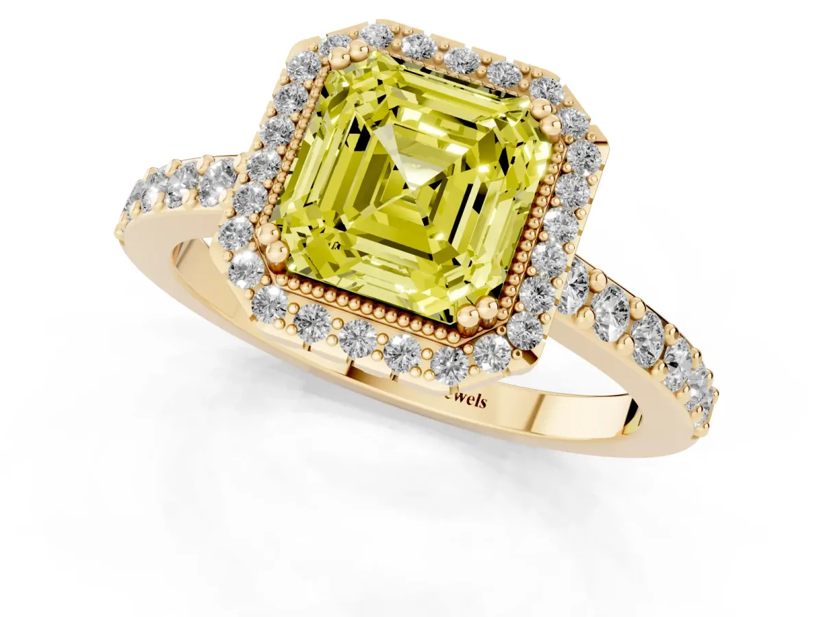 Fancy Yellow Asscher Cut Cut Diamond Halo Engagement Ring with Milgrain Detail and Pavé Band Yellow gold