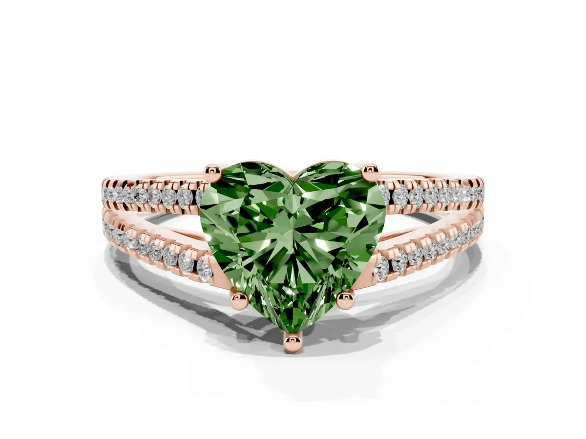 Fancy Green Heart Cut Diamond Solitaire Engagement Ring with Split Shank Pavé Band Rose gold