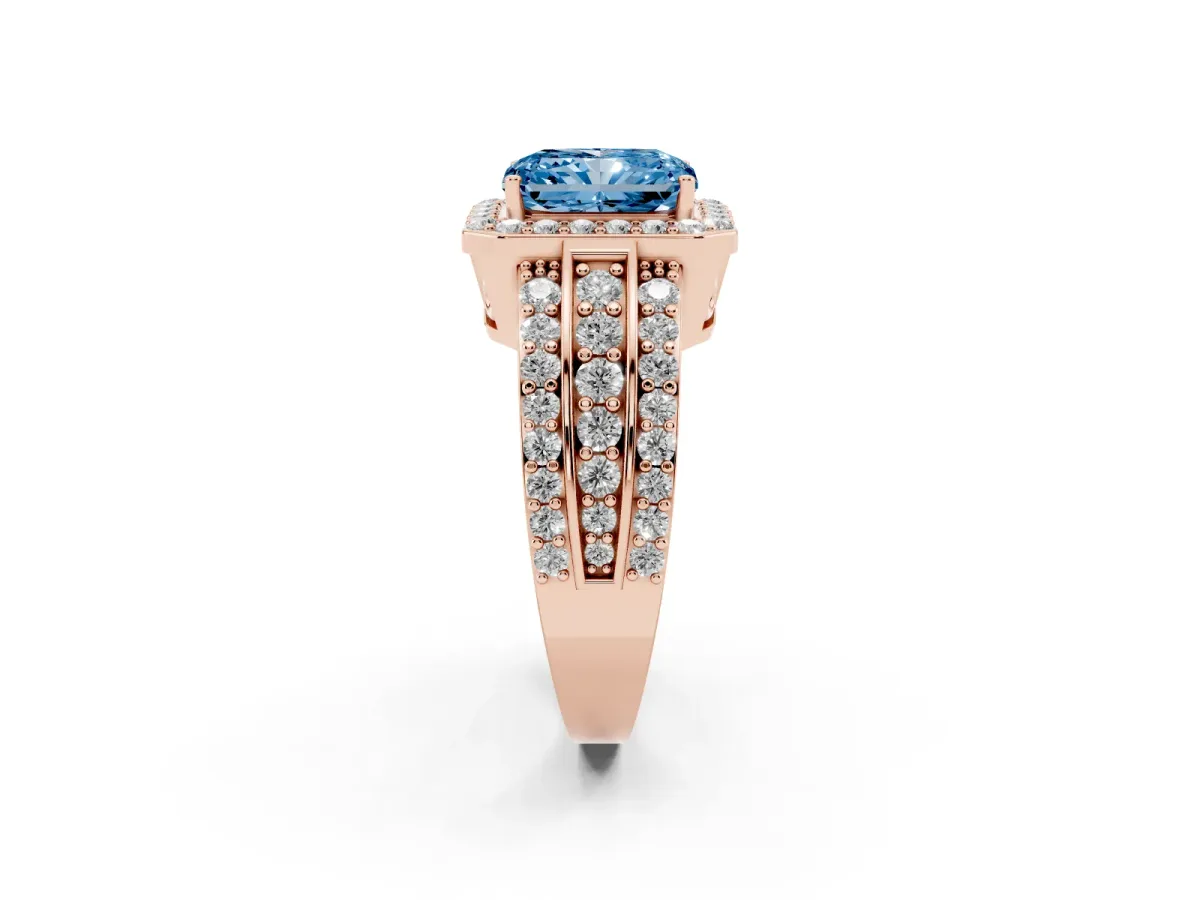 Fancy Blue Radiant Cut Halo Diamond Ring with Round Split Shank and Prong Setting Rose gold