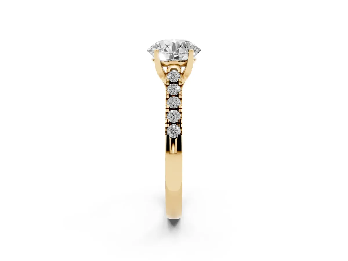 Round Cut Diamond Pavé Band Solitaire Ring with Prong Setting Yellow gold
