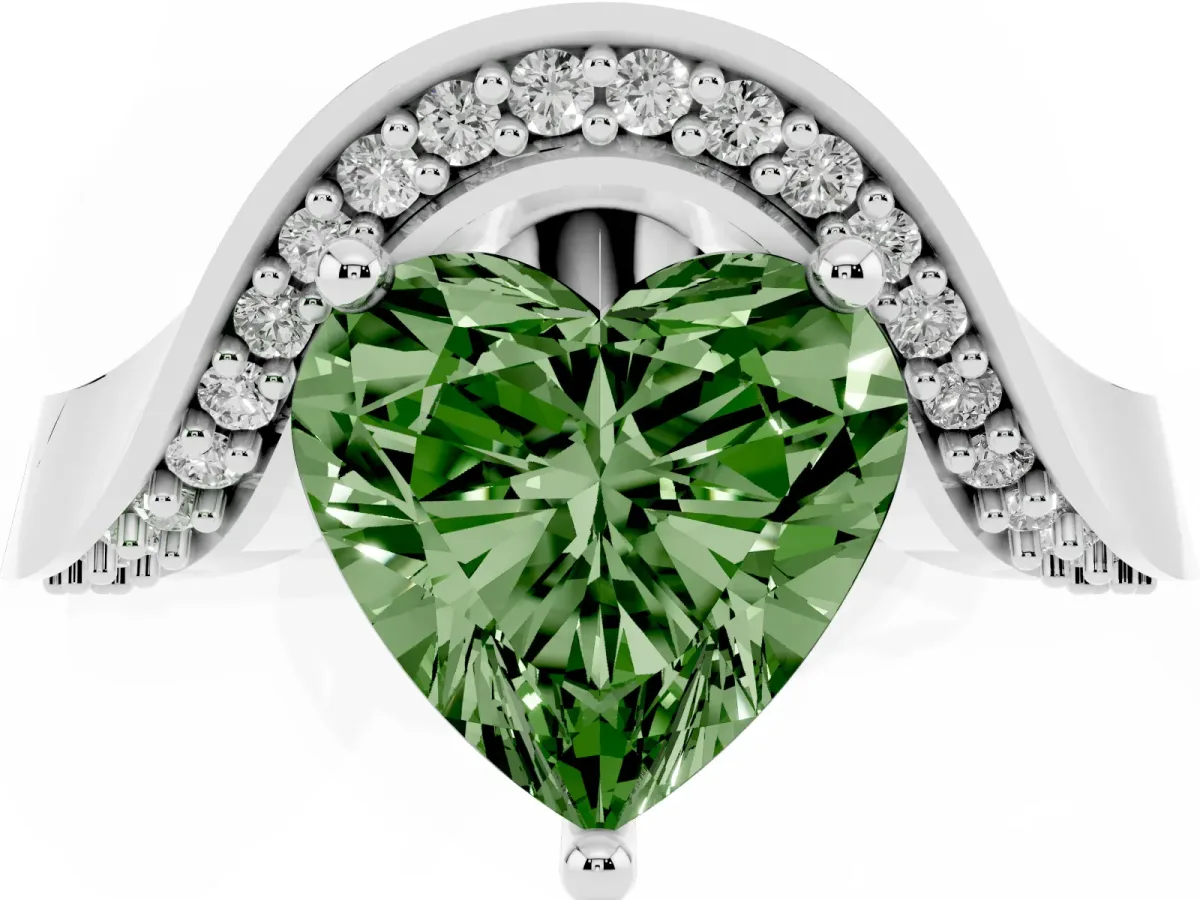 Fancy Green Heart Cut Solitaire Diamond Engagement Ring with Pave Band and Four-Prong Setting Platinum
