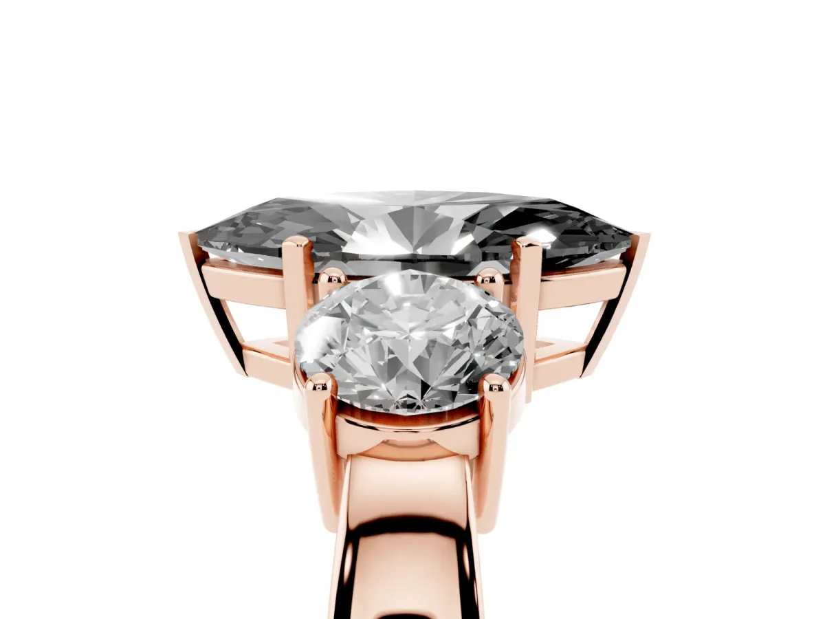 Fancy Black Three-Stone Marquise Cut Diamond Ring with Round Side Stones, Classic Band, and Four-Prong Setting Rose gold