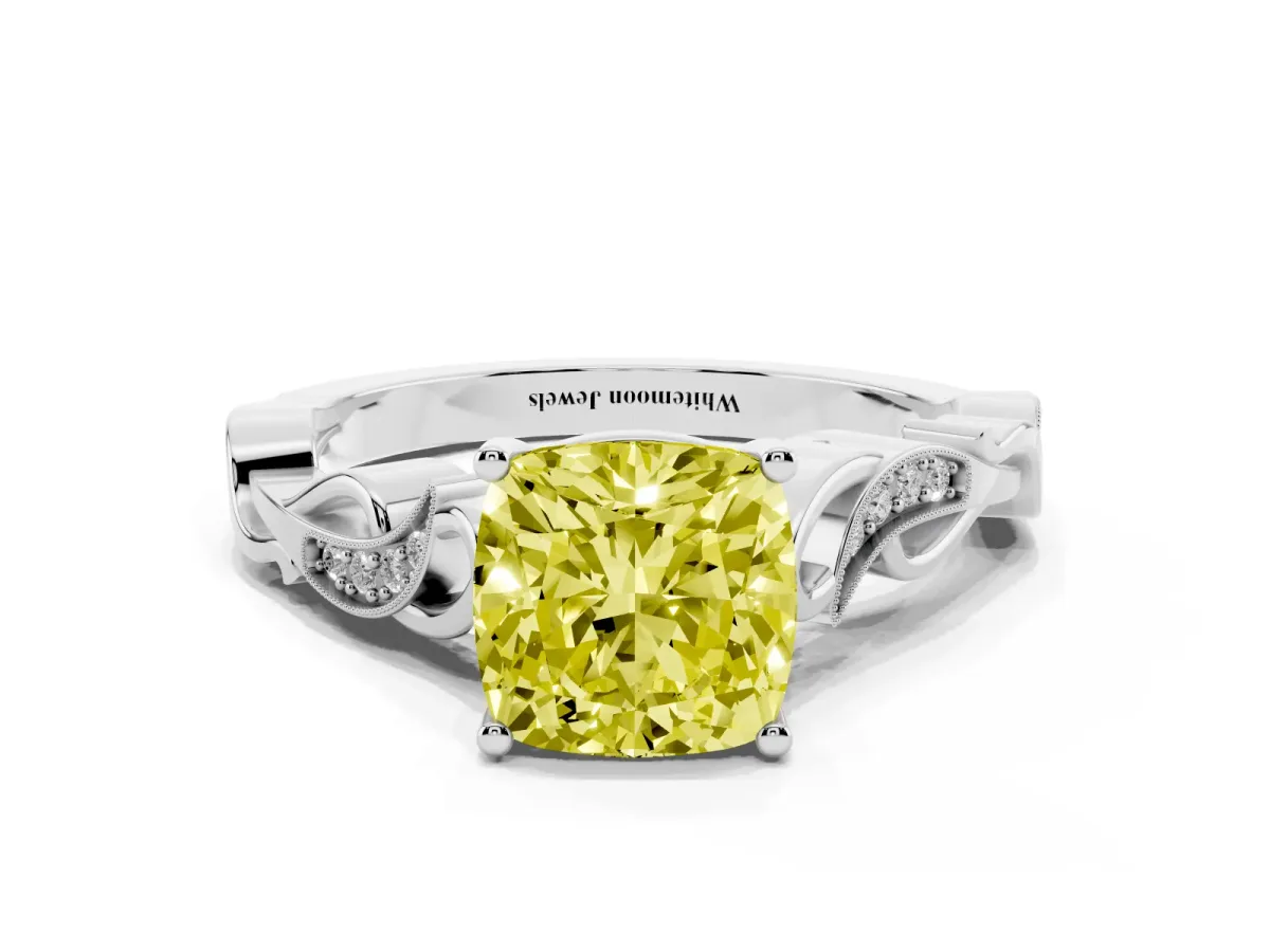 Fancy Yellow Cushion Cut Solitaire Vine Band with Milgrain Prong Setting Silver