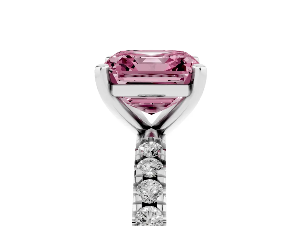 Fancy Pink Asscher Cut Diamond Pavé Band Solitaire with Four-Prong Setting Silver