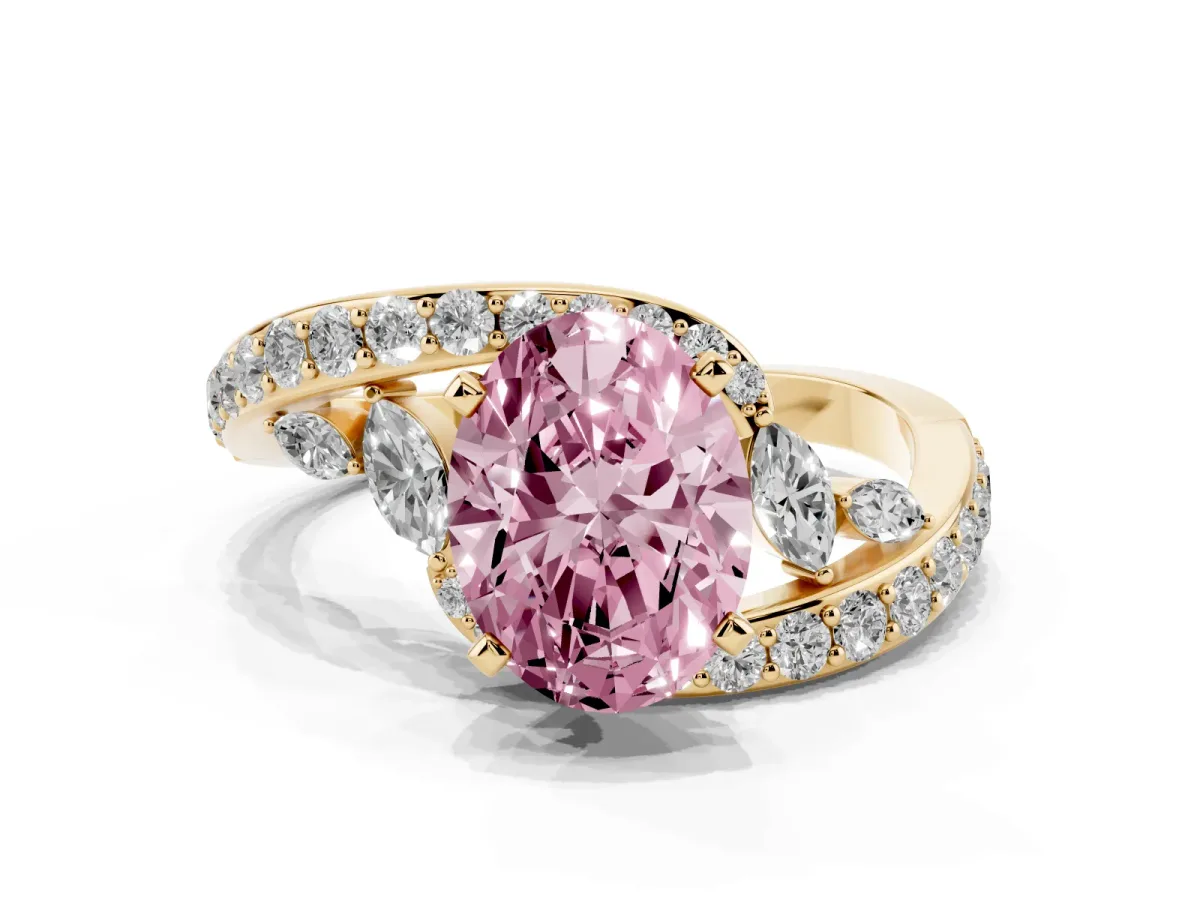 Fancy Pink Oval Cut Solitaire with Pavé Twist Band and Four-Prong Setting Yellow gold