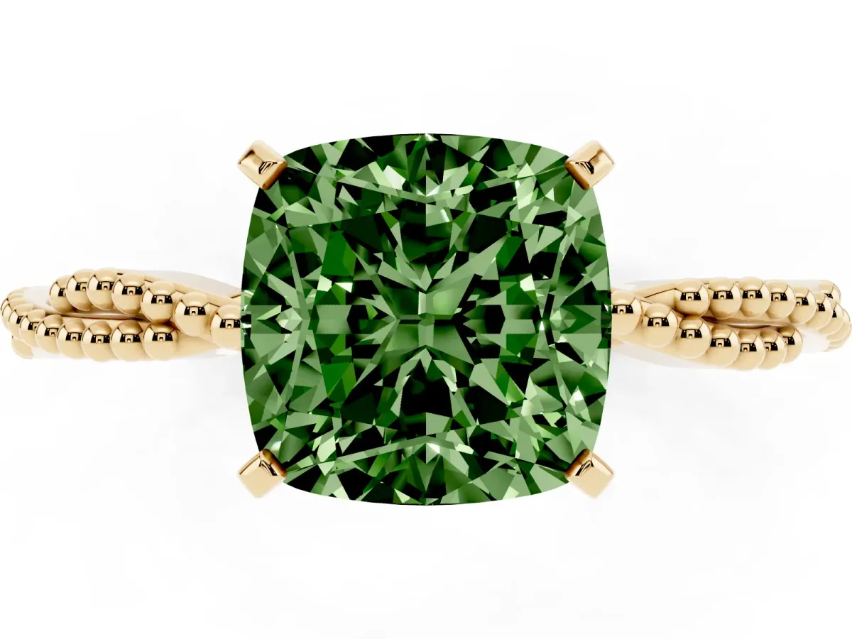 Fancy Green Cushion Cut Solitaire Twisted Band with Bead Prong Setting Yellow gold