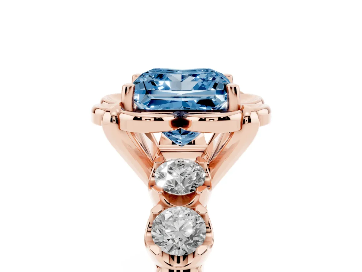 Fancy Blue Princess Cut Cut Diamond Floral Halo Engagement Ring with Shared Prong Setting Rose gold