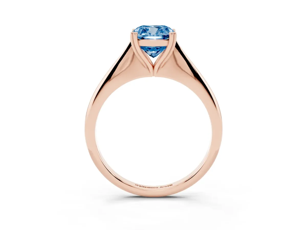 Fancy Blue Cushion Cut Solitaire Diamond Ring with Six-Prong Setting and Classic Band Rose gold