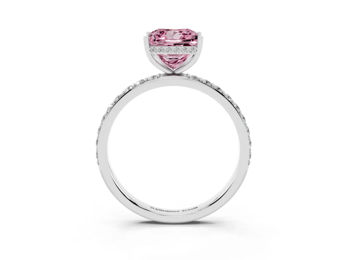 Fancy Pink Princess Cut Diamond Solitaire Ring with Pavé Band and Hidden Halo Silver