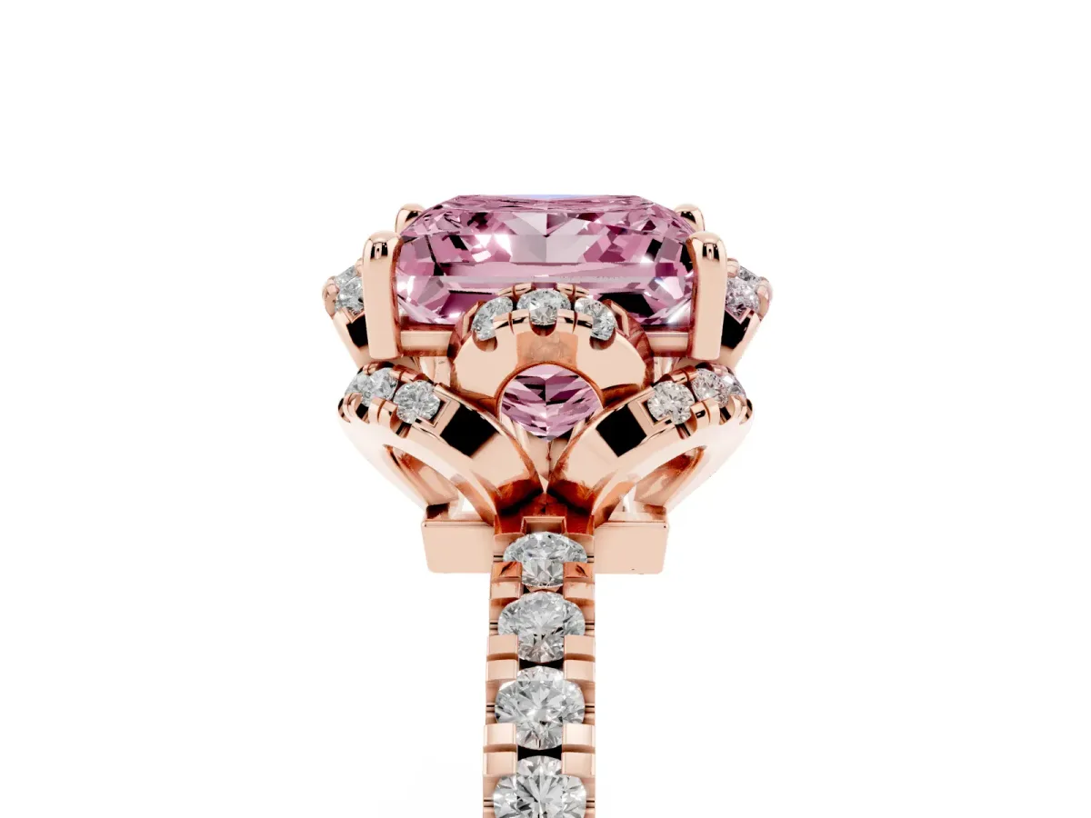 Fancy Pink Princess Cut Diamond Halo Pave Band with Four-Prong Setting Rose gold