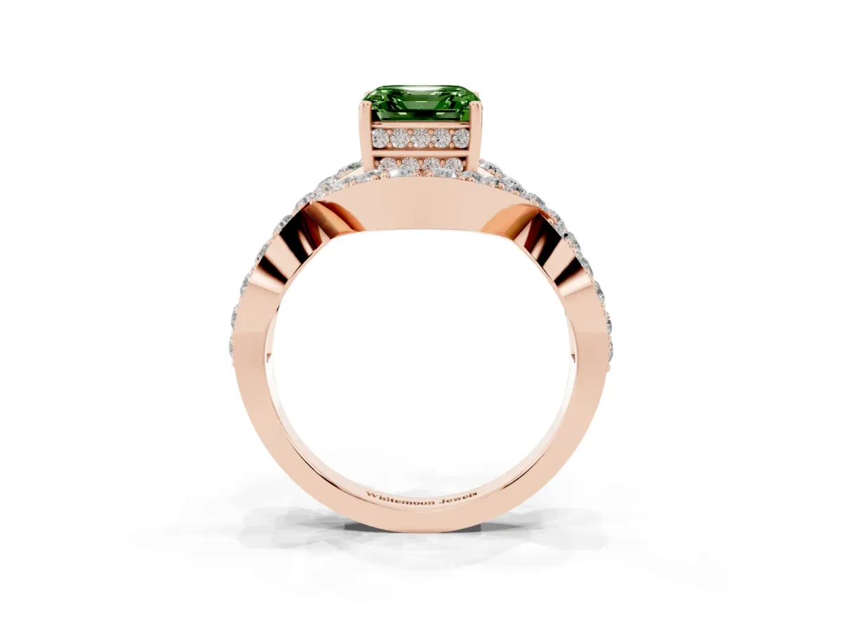 Fancy Green Asscher Cut Solitaire Twist Band Pavé Diamond Engagement Ring Rose gold