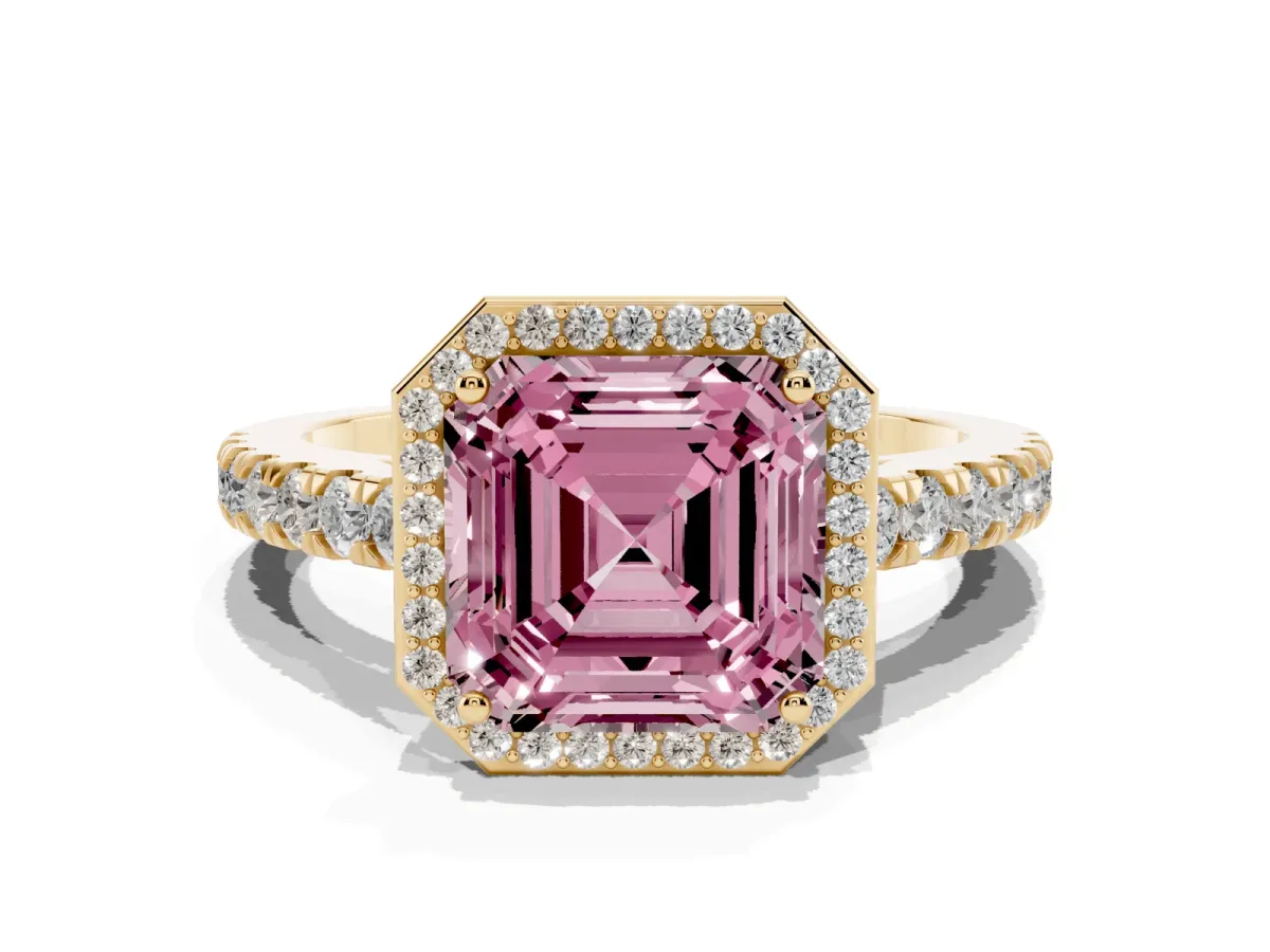 Fancy Pink Asscher Cut Cut Halo Diamond Engagement Ring with Pave Band and Four-Prong Setting Yellow gold
