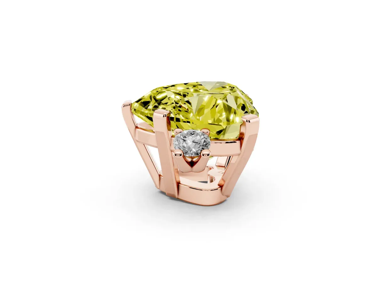 Fancy Yellow Heart Cut Cut Three-Stone Solitaire Ring with Round Accent Diamonds and Four-Prong Setting Rose gold