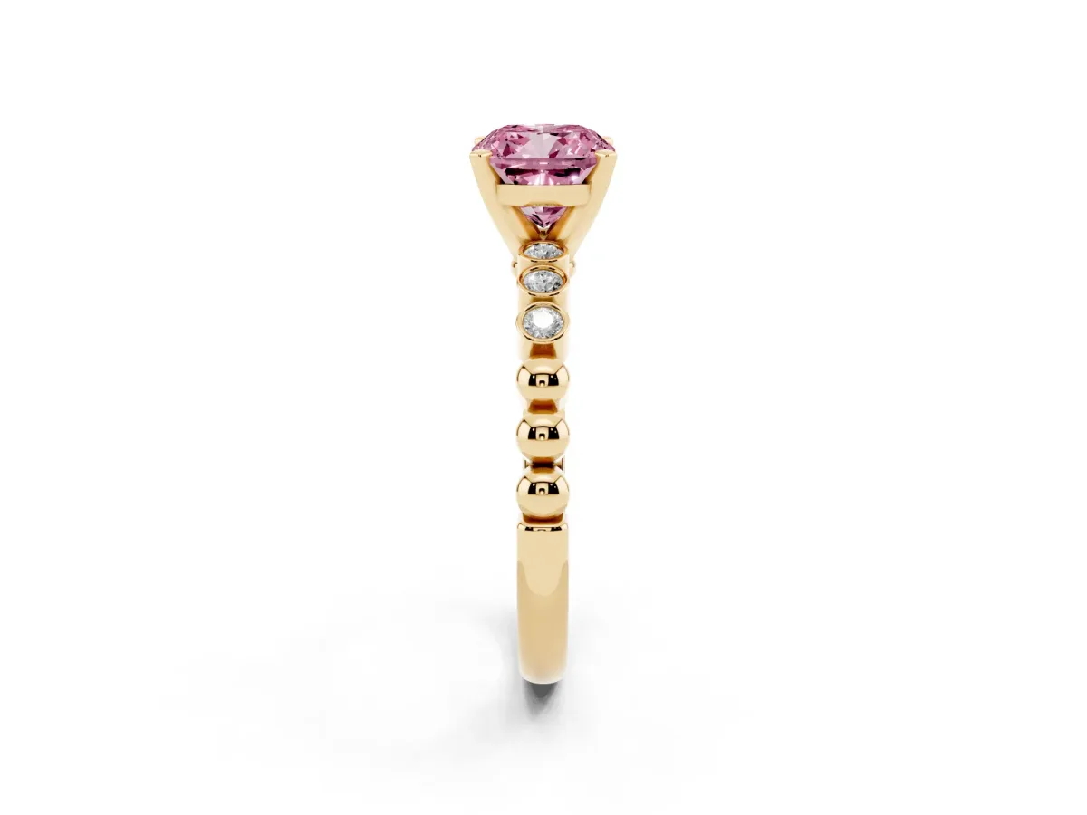 Fancy Pink Cushion Cut Solitaire Bezel Accent Diamond Engagement Ring with Beaded Band and Four-Prong Setting Yellow gold