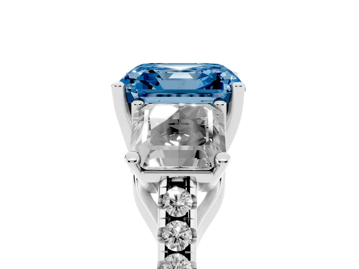 Fancy Blue Three-Stone Asscher Cut Diamond Ring with Round Pavé Band and Prong Setting Silver