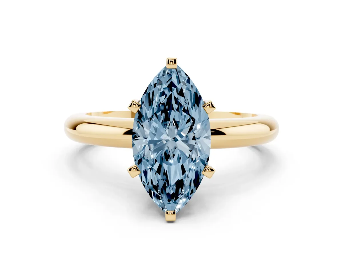 Fancy Blue Marquise Cut Diamond Solitaire Engagement Ring with Round Band and Four-Prong Setting Yellow gold
