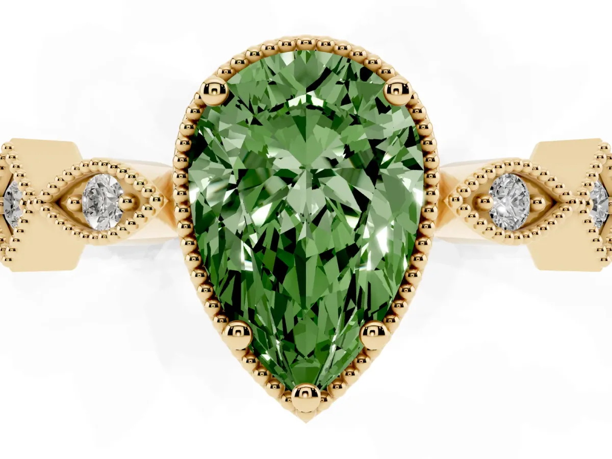 Fancy Green Pear Cut Milgrain Marquise Diamond Twist Band Ring Yellow gold