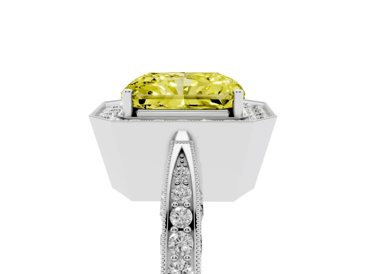 Fancy Yellow Radiant Cut Halo Diamond Engagement Ring with Split Shank Band and Four-Prong Setting Silver