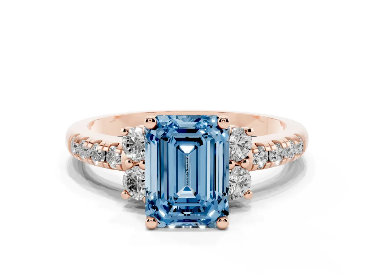 Fancy Blue Emerald Cut Diamond Three-Stone Pave Band with Four-Prong Setting Rose gold