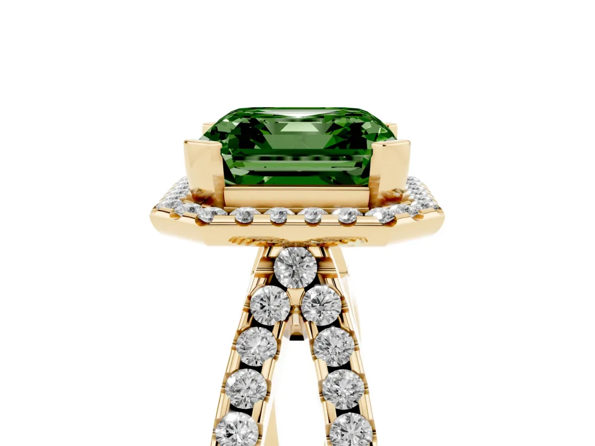 Fancy Green Asscher Cut Diamond Halo Ring with Split Shank Pavé Band and Prong Setting Yellow gold