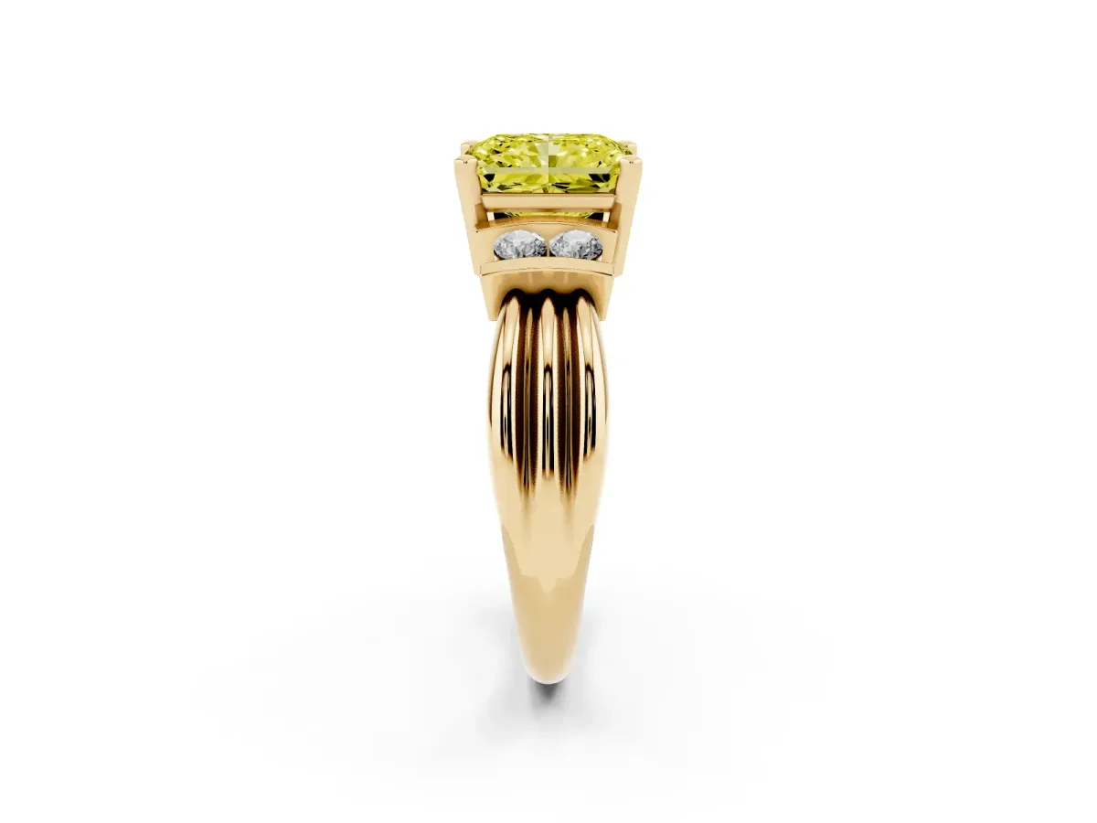 Fancy Yellow Radiant Cut Cut Three-Stone Channel Set Ring with Bar Prongs Yellow gold