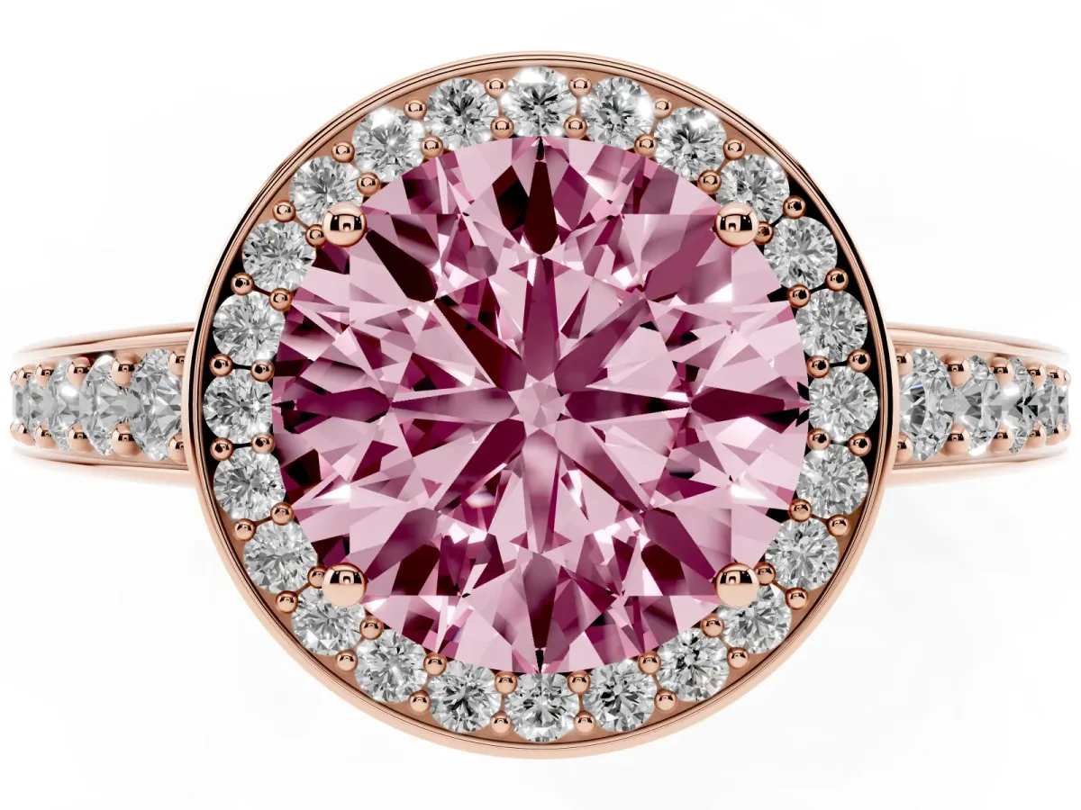 Fancy Pink Round Cut Halo Pavé Diamond Engagement Ring with Bezel Setting Rose gold