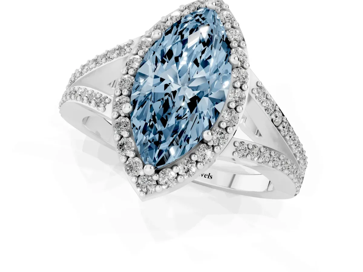 Fancy Blue Marquise Cut Halo Split Shank Diamond Ring with Prong Setting Silver