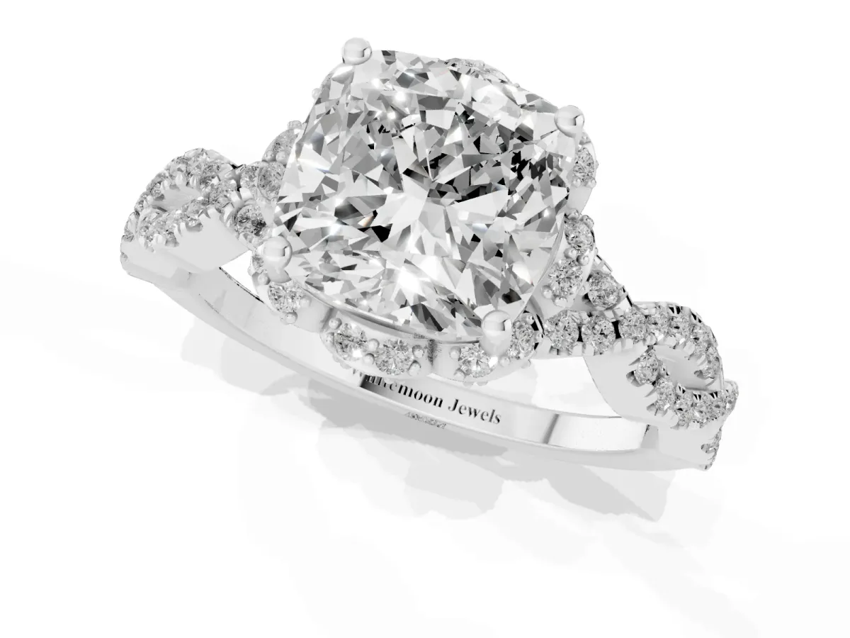 Cushion Cut Halo Twist Band Solitaire Ring with Six-Prong Setting Silver