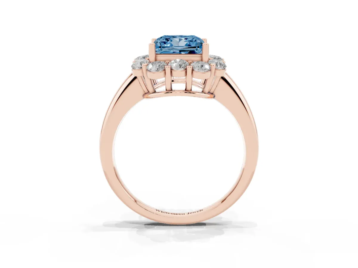 Fancy Blue Princess Cut Halo Milgrain Solitaire with Bezel Set Side Stones and Pave Band Rose gold