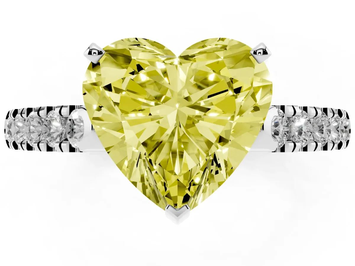 Fancy Yellow Heart Cut Diamond Pavé Band Solitaire Ring with Prong Setting Platinum
