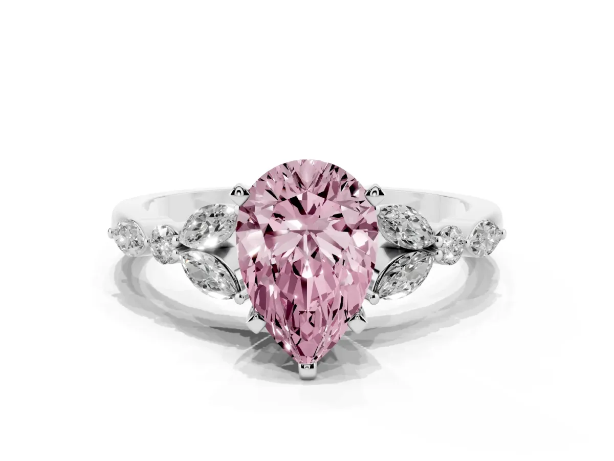 Fancy Pink Pear Cut Diamond Solitaire Ring with Side Stones and Four-Prong Setting Platinum