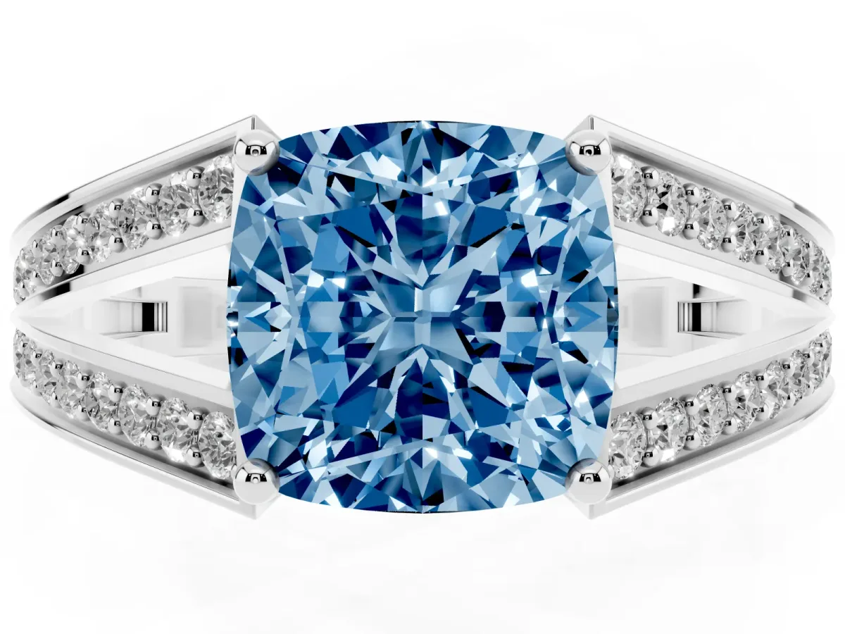 Fancy Blue Cushion Cut Diamond Split Shank Ring with Pavé Band and Four-Prong Setting White gold
