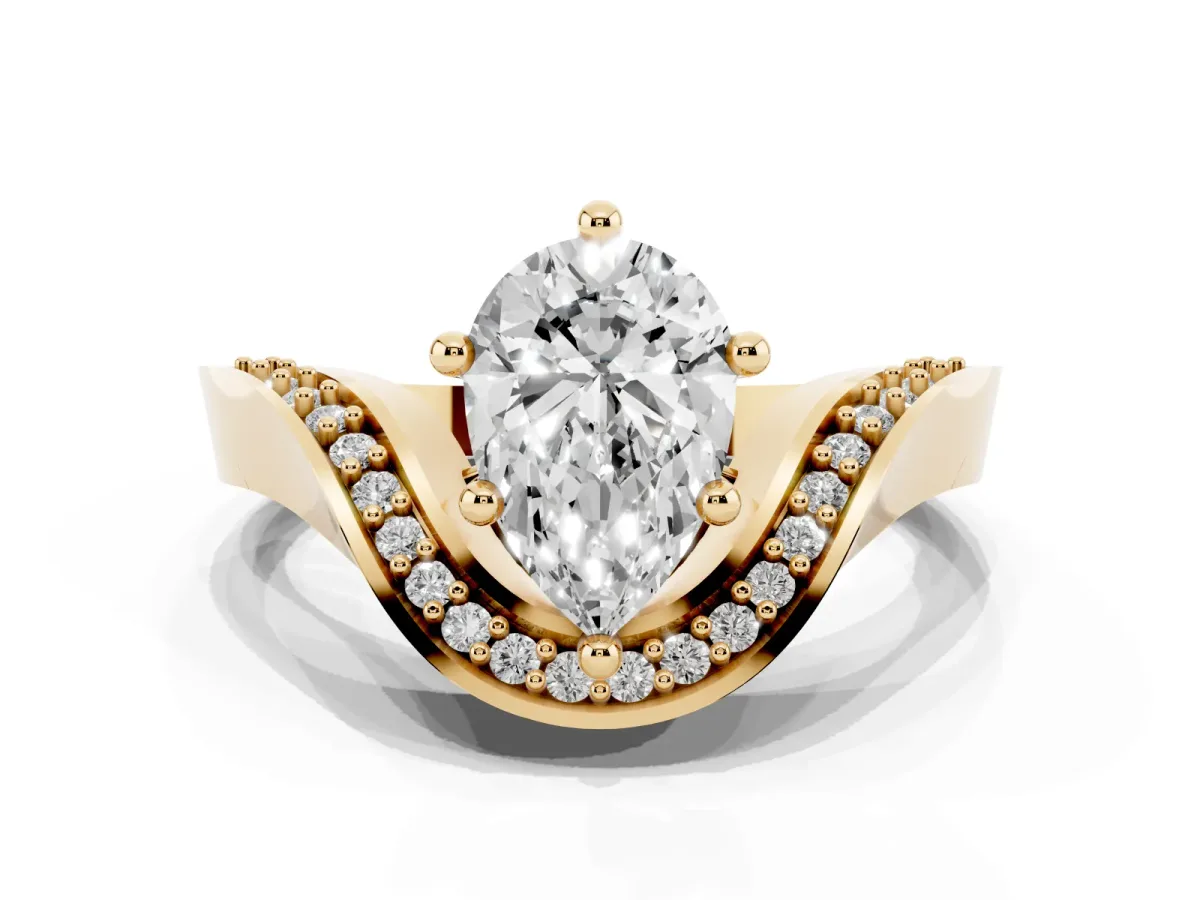 Pear Cut Solitaire Diamond Engagement Ring with Pave Band and Four-Prong Setting Yellow gold
