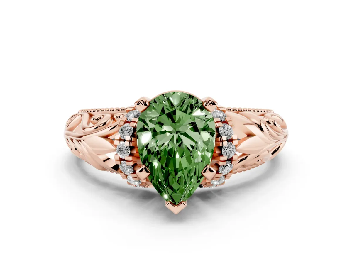Fancy Green Pear Cut Solitaire Filigree Engagement Ring with Halo and Prong Setting Rose gold