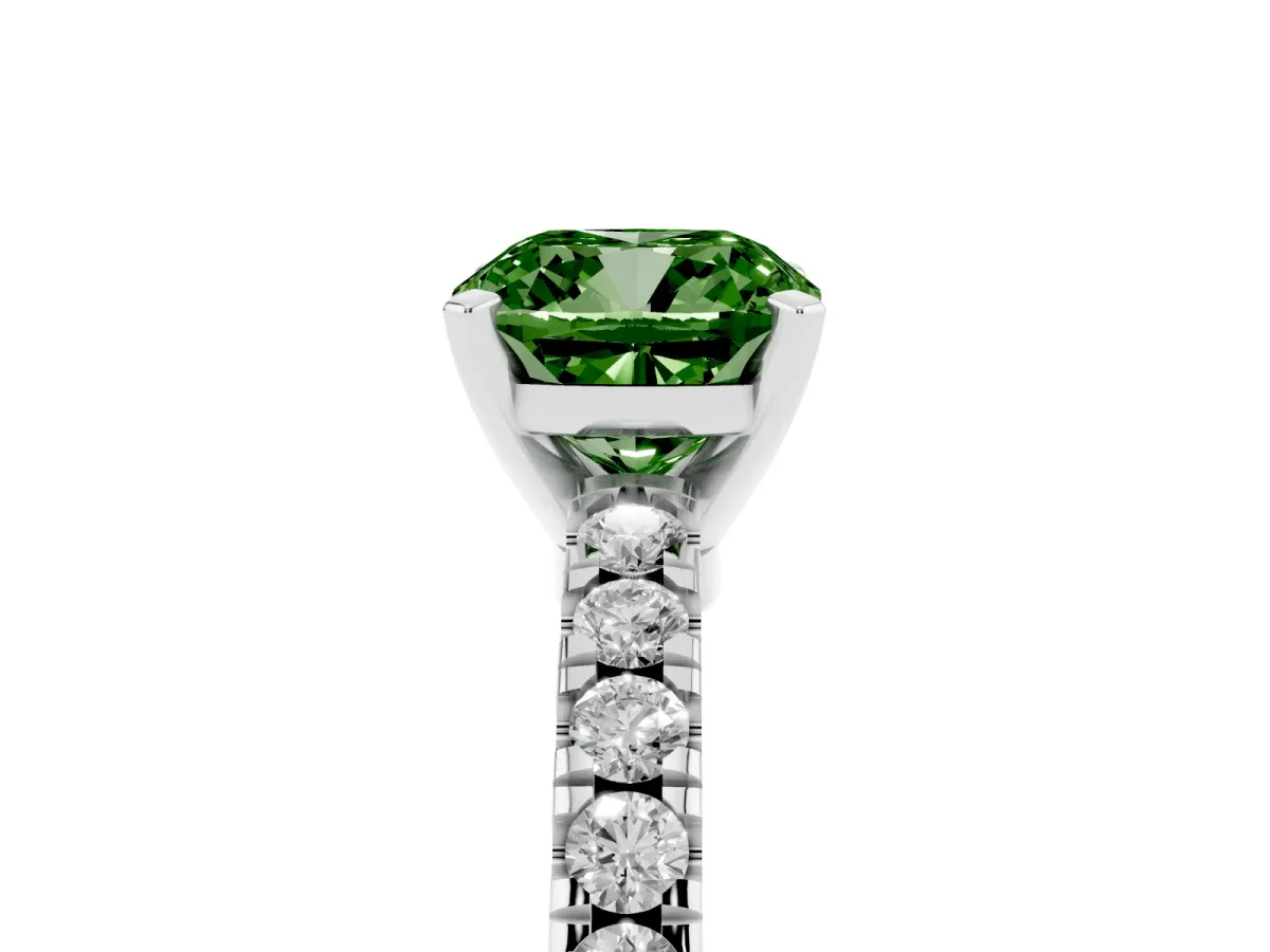 Fancy Green Cushion Cut Solitaire Diamond with Pavé Band and Four-Prong Setting Silver