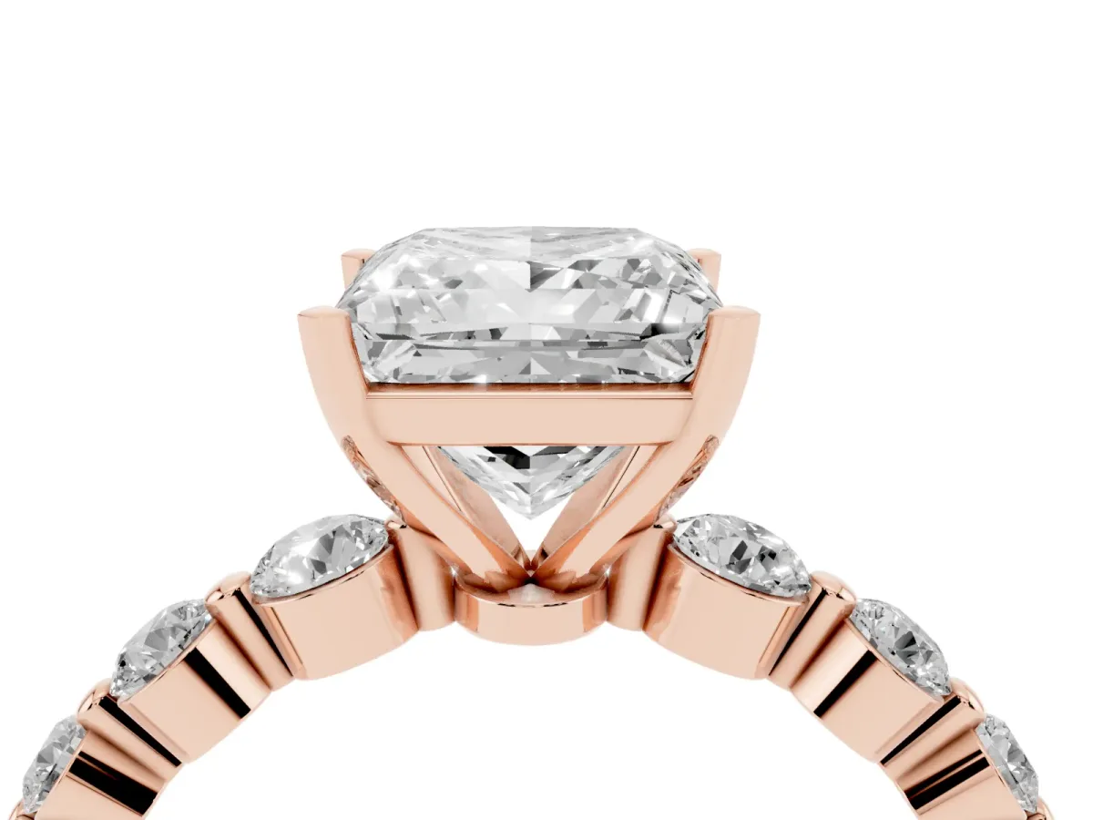 Princess Cut Solitaire Diamond Ring with Pave Band and Four-Prong Setting Rose gold