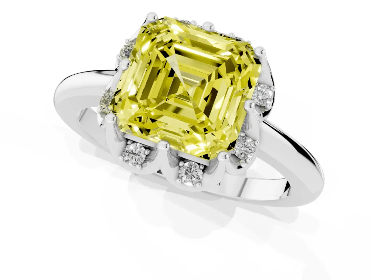 Fancy Yellow Asscher Cut Halo Diamond Ring with Round Cluster Setting, Solitaire Band, and Four-Prong Setting Silver