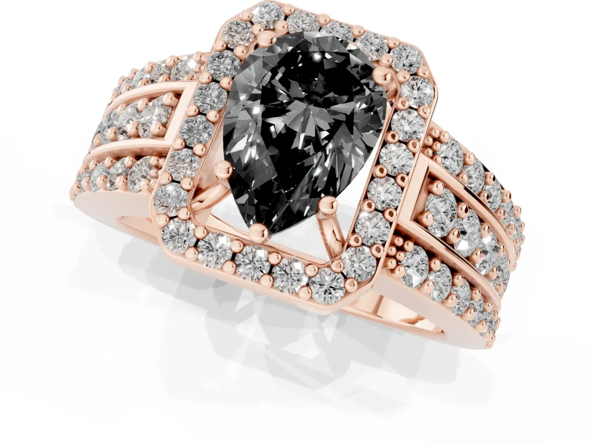 Fancy Black Pear Cut Halo Diamond Ring with Round Split Shank and Prong Setting Rose gold