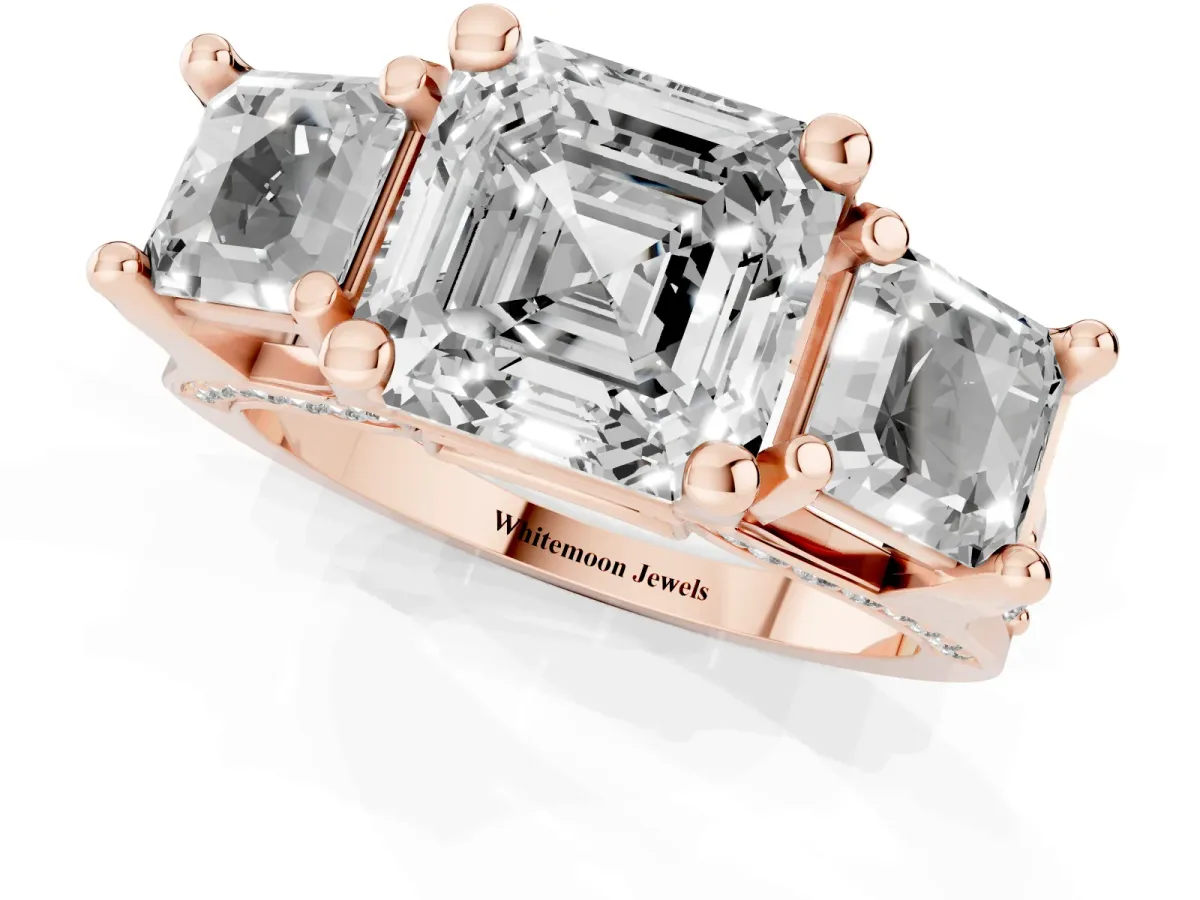 Asscher Cut Diamond Three-Stone Ring with Channel Set Band and Four-Prong Setting Rose gold