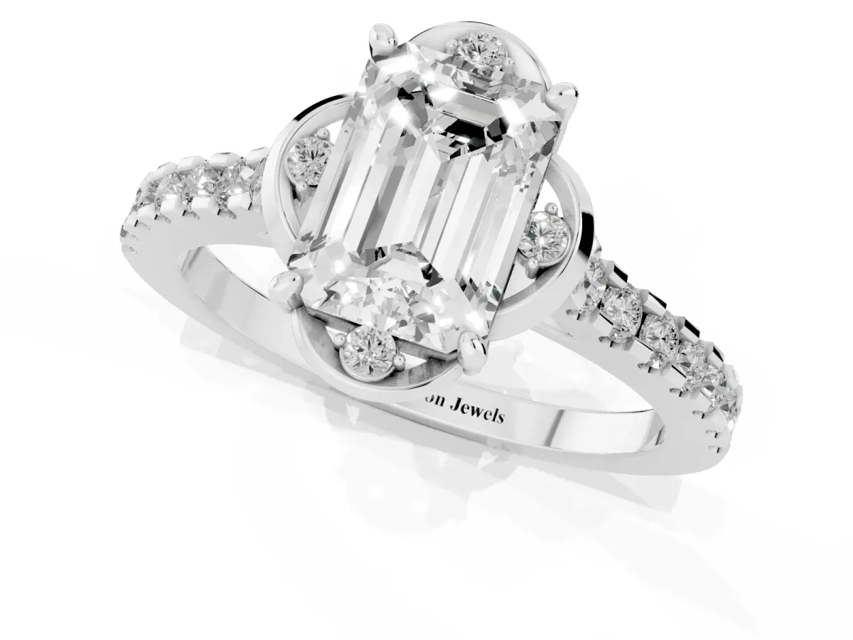 Emerald Cut Diamond Ring with Pavé Band and Floral Prong Setting Silver