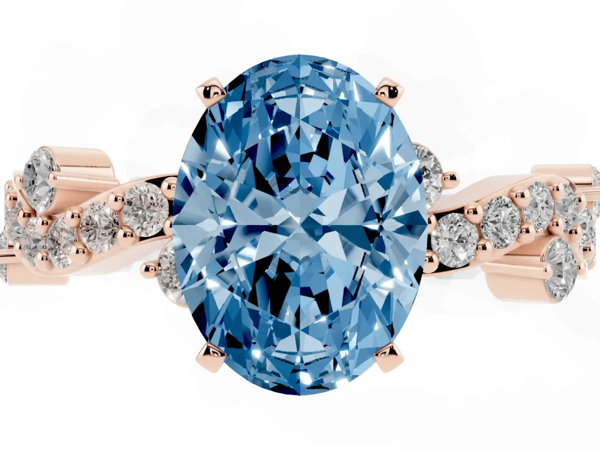 Fancy Blue Oval Cut Cut Solitaire Diamond Twisted Band with Pave Setting Rose gold