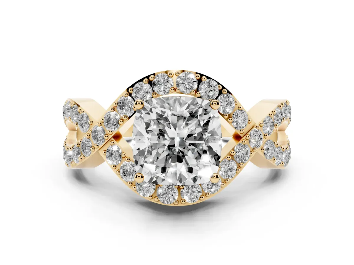 Cushion Cut Solitaire Twist Band Pavé Diamond Engagement Ring Yellow gold