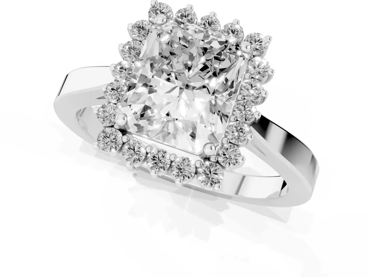Radiant Cut Cut Diamond Halo Ring with Round Brilliant Halo and Solitaire Band Platinum