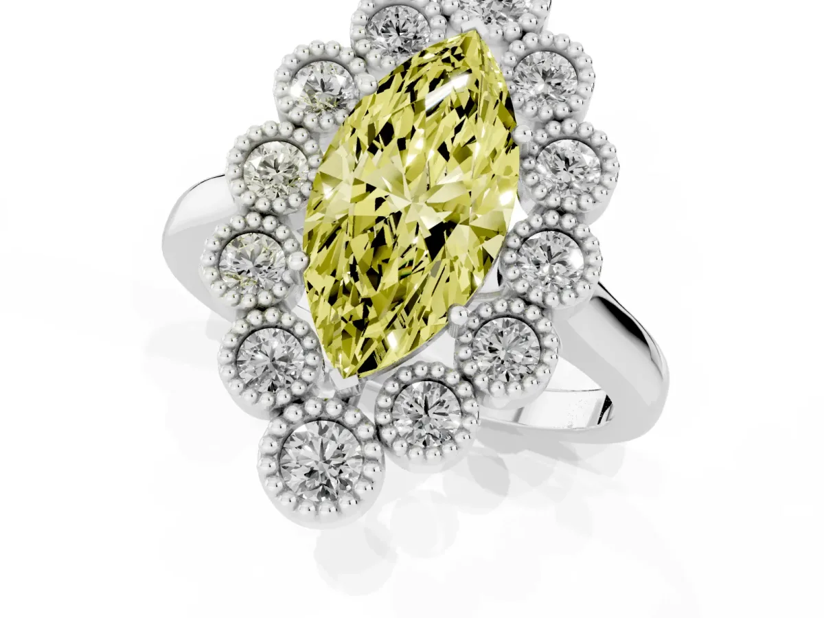 Fancy Yellow Marquise Cut Halo Diamond Cluster Engagement Ring with Milgrain Bezel Setting and Solitaire Band Silver
