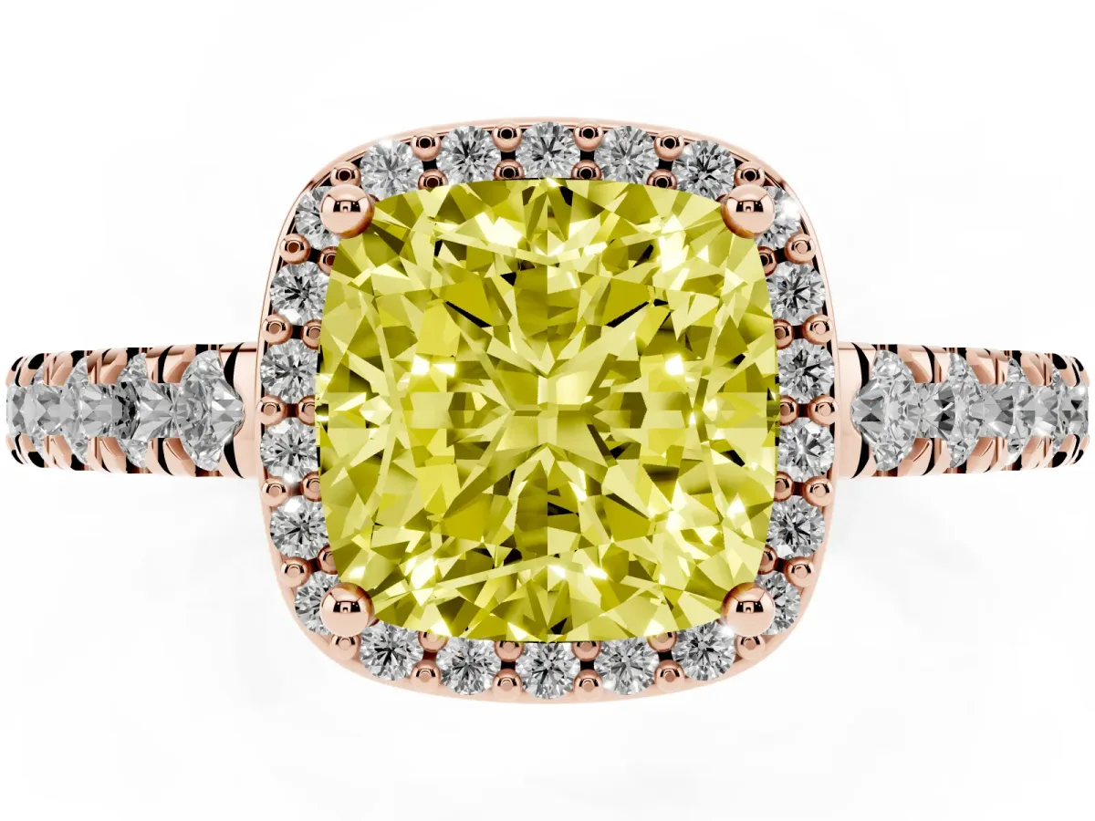 Fancy Yellow Cushion Cut Cut Halo Diamond Engagement Ring with Pave Band and Four-Prong Setting Rose gold
