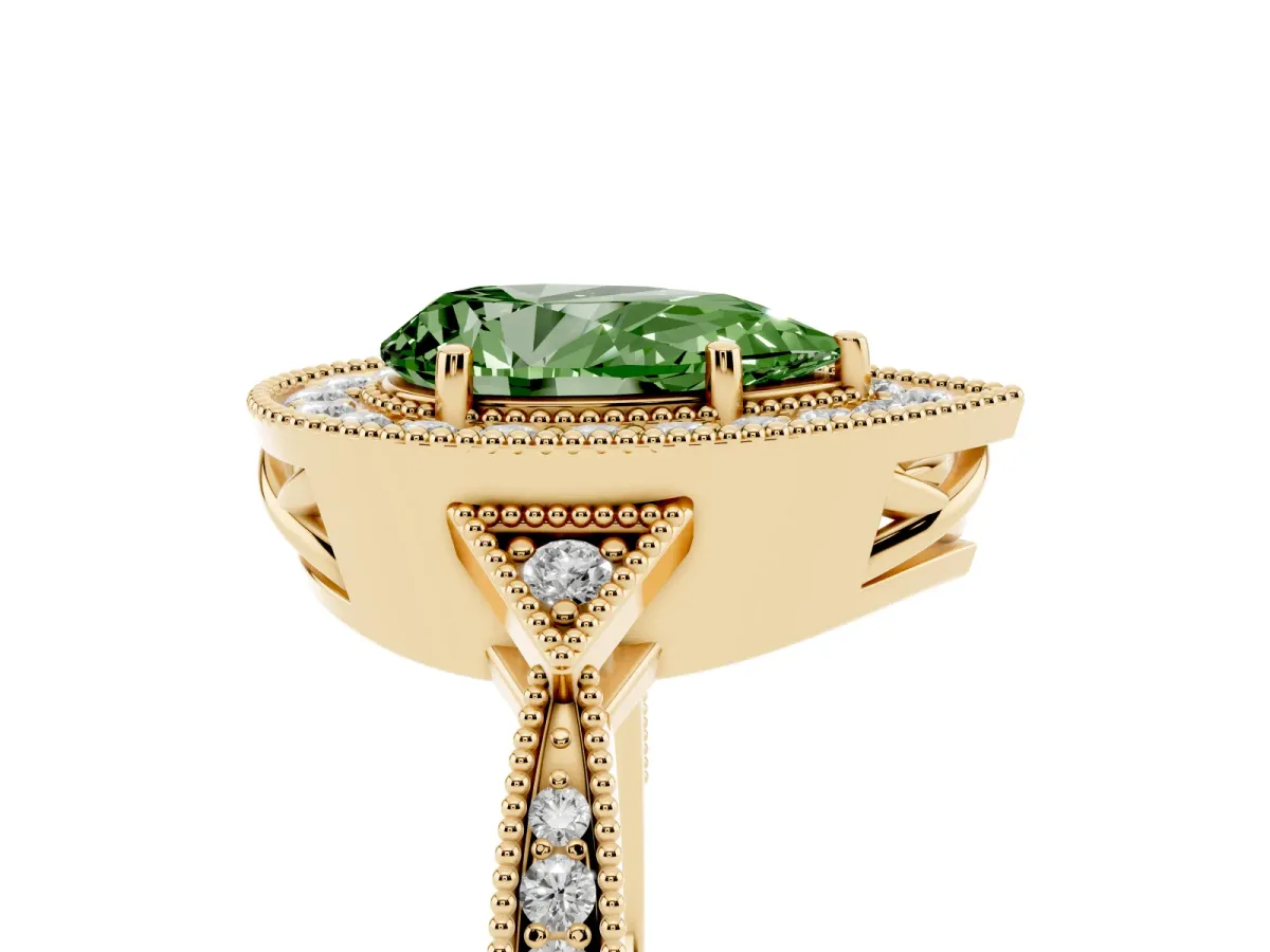 Fancy Green Pear Cut Halo Round Diamond Milgrain Pave Engagement Ring Yellow gold