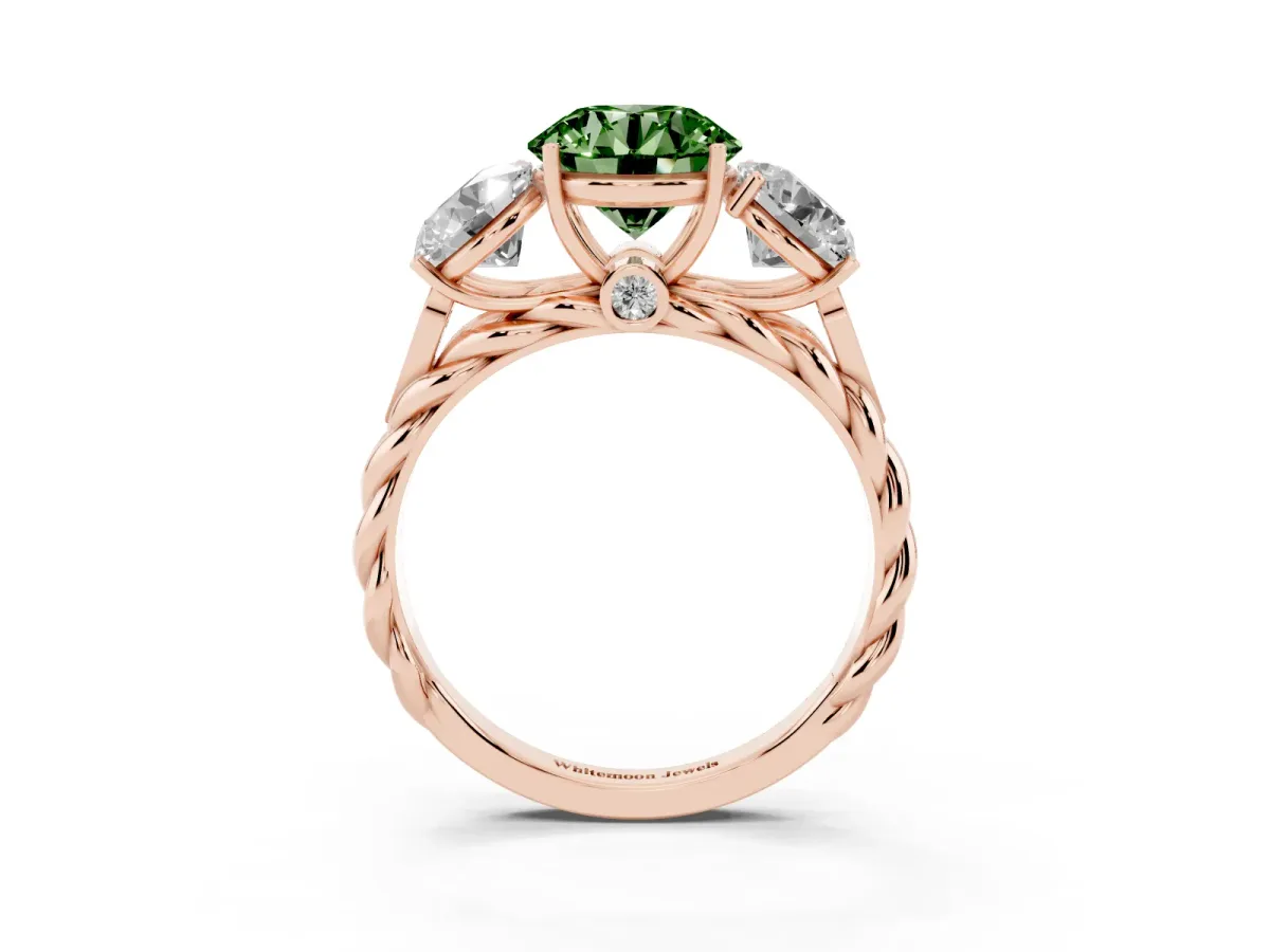 Fancy Green Three-Stone Round Cut Diamond Braided Band Ring with Four-Prong Setting Rose gold