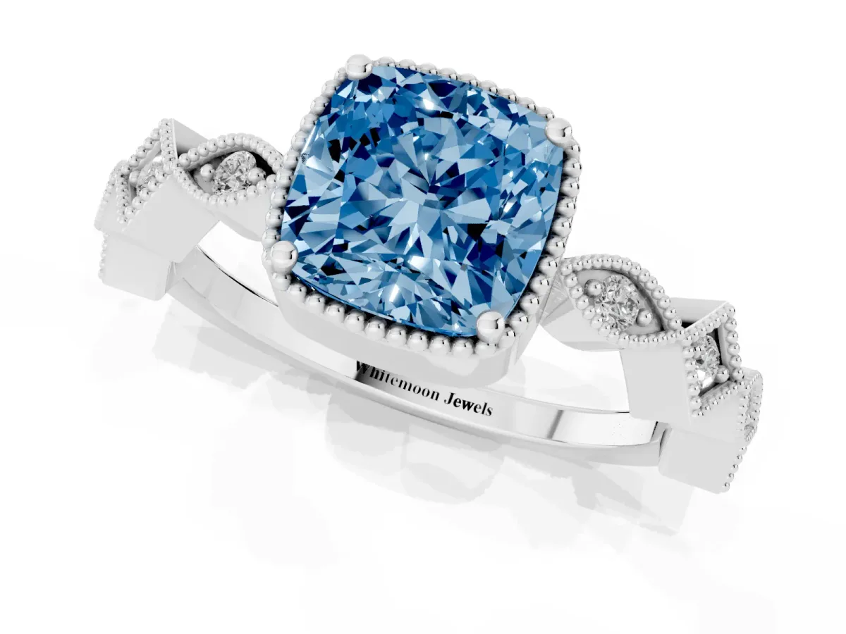 Fancy Blue Cushion Cut Milgrain Marquise Diamond Twist Band Ring Silver