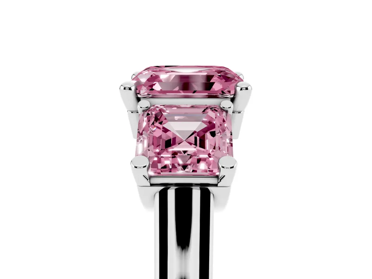 Fancy Pink Three-Stone Asscher Cut Brilliant Diamond Trellis Ring with Comfort Fit Band Silver