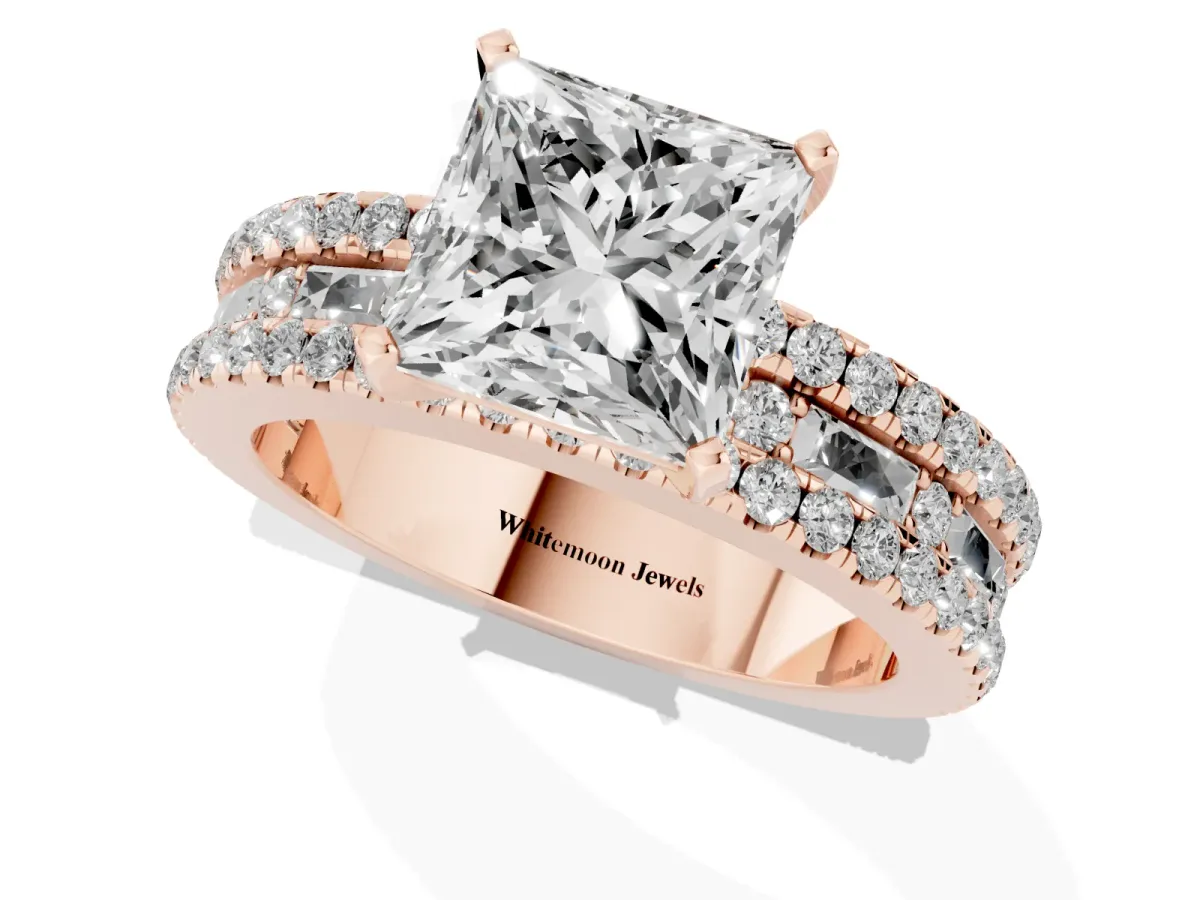 Princess Cut Diamond Solitaire Ring with Pavé and Channel Set Band Rose gold